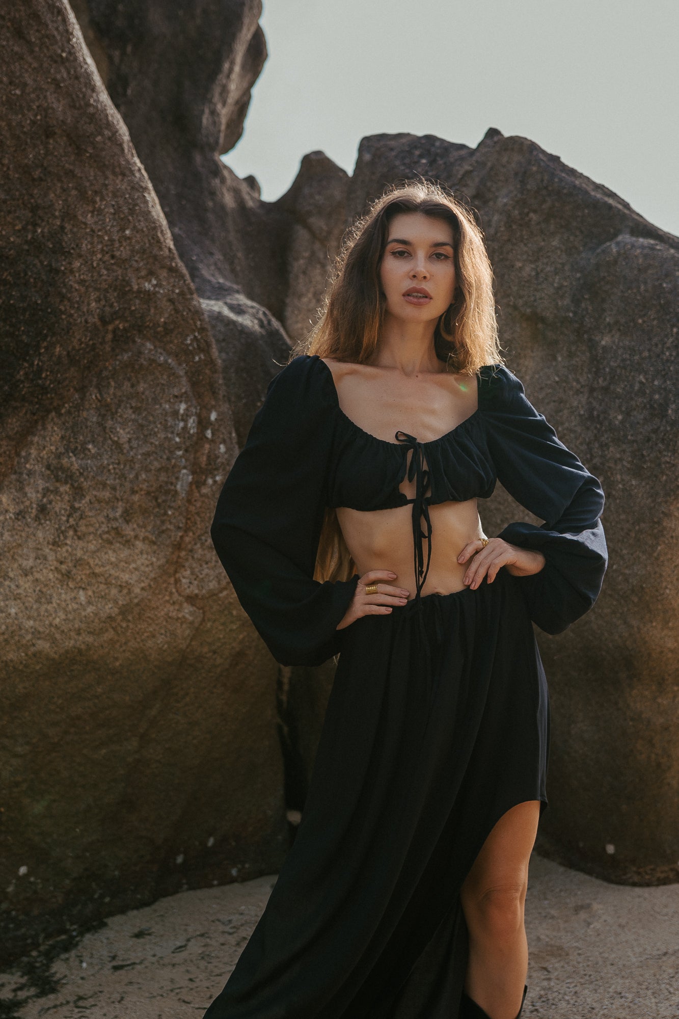 Women black maxi set skirt and top