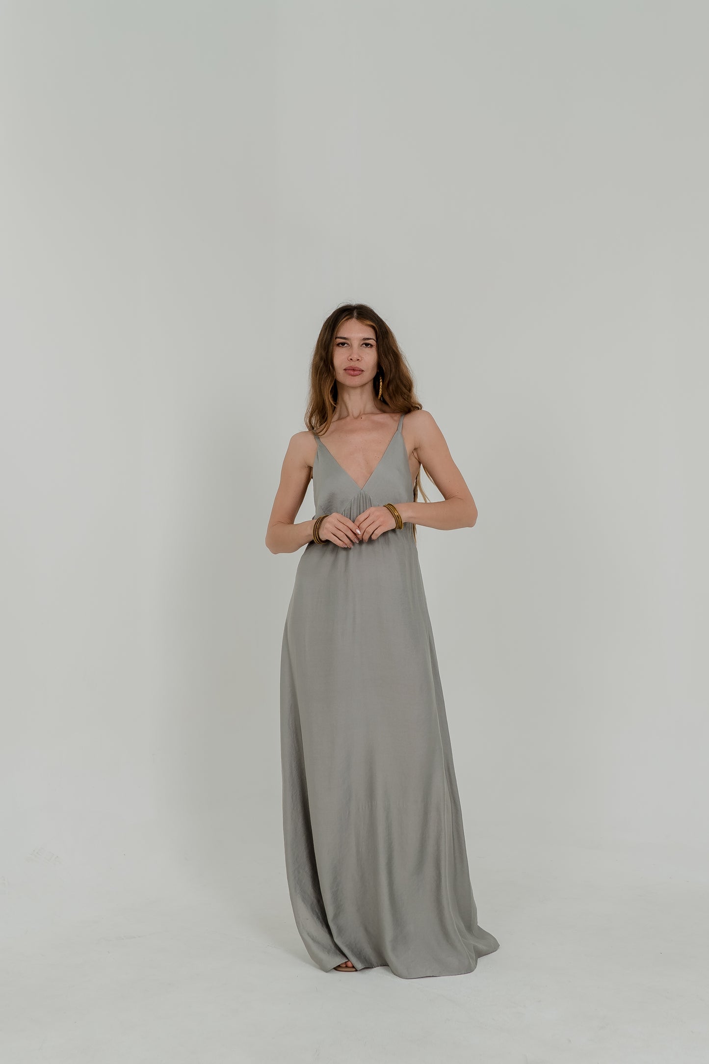 Grey Maxi Viscose Dress – Open Back & Side Slit