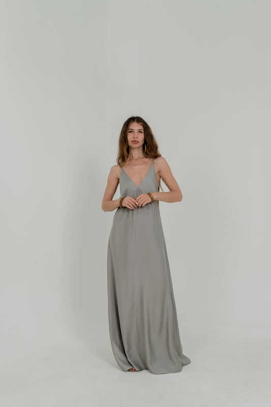 Grey Maxi Viscose Dress – Open Back & Side Slit