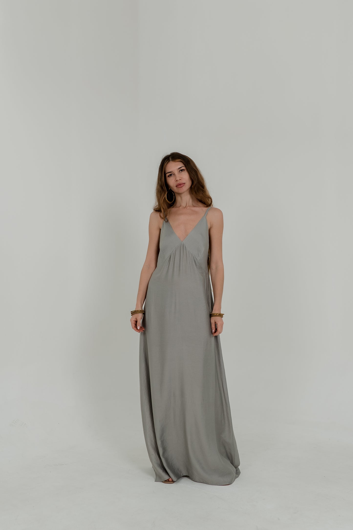 Grey Maxi Viscose Dress – Open Back & Side Slit