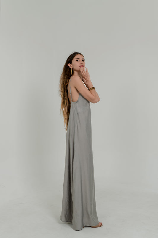 Grey Maxi Viscose Dress – Open Back & Side Slit