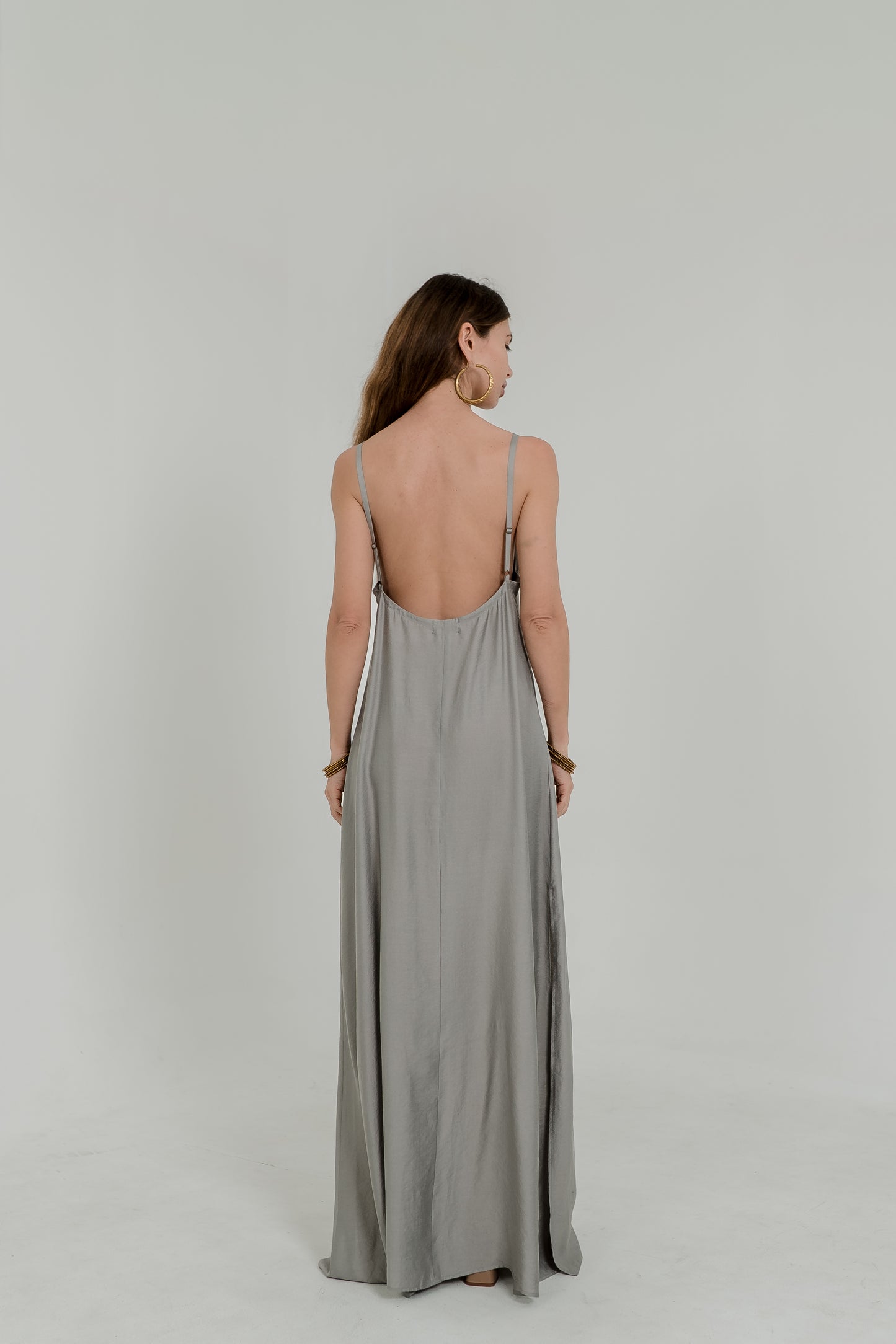 Grey Maxi Viscose Dress – Open Back & Side Slit