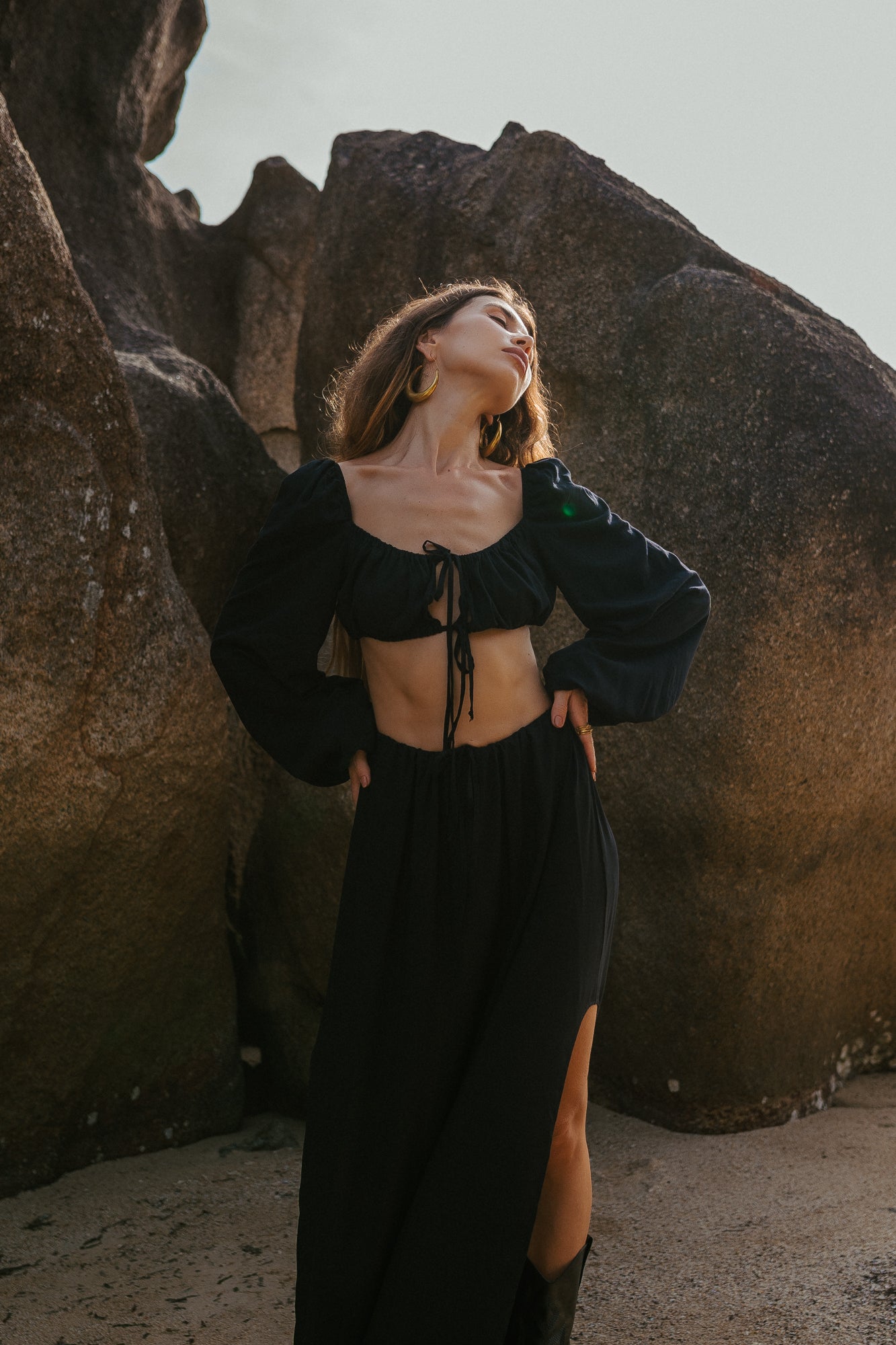 Women black maxi set skirt and top