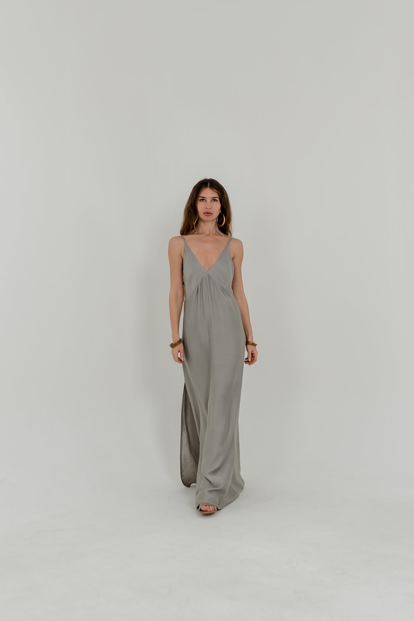 Grey Maxi Viscose Dress – Open Back & Side Slit