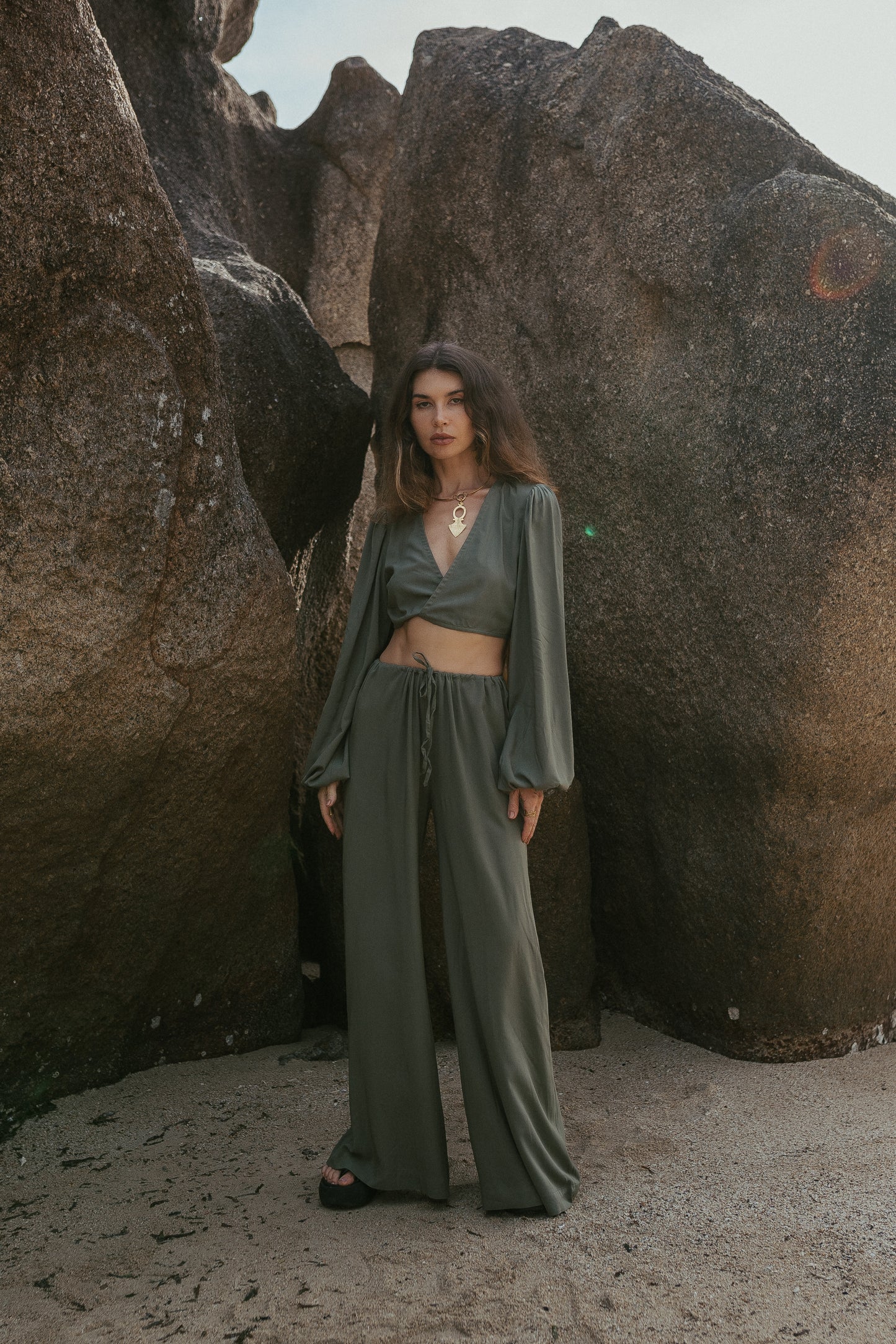 Women khaki set with top and pants