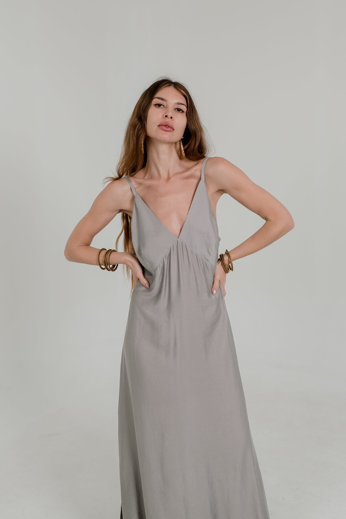 Grey Maxi Viscose Dress – Open Back & Side Slit