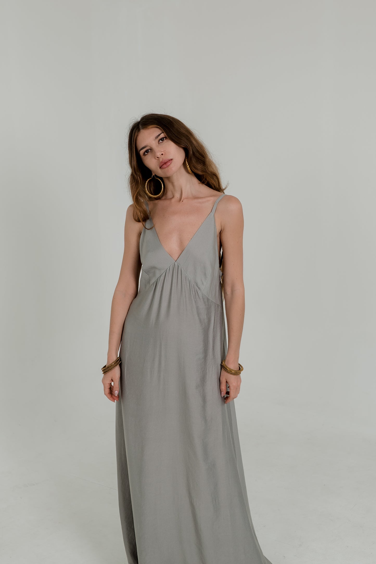 Grey Maxi Viscose Dress – Open Back & Side Slit