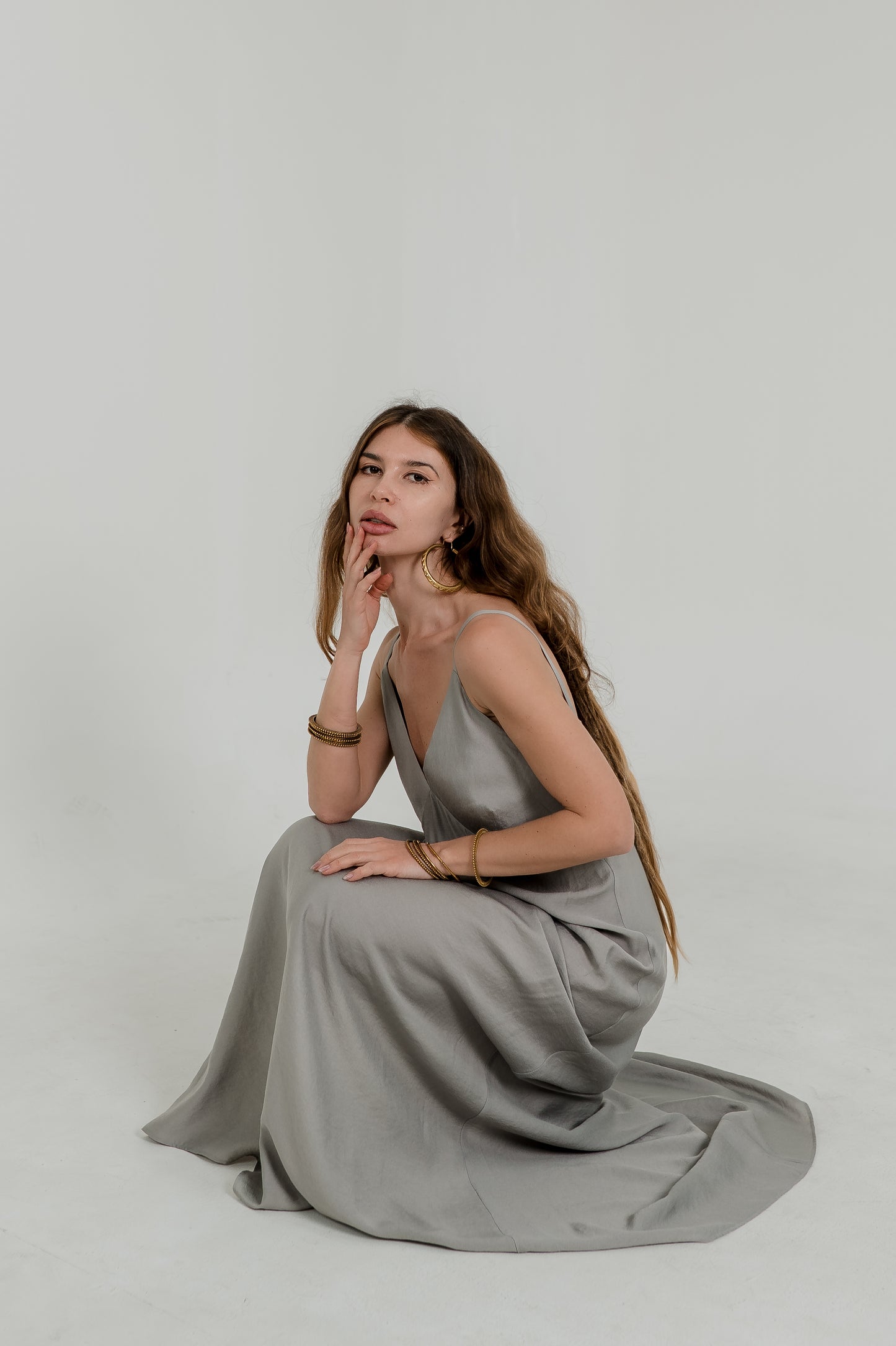 Grey Maxi Viscose Dress – Open Back & Side Slit