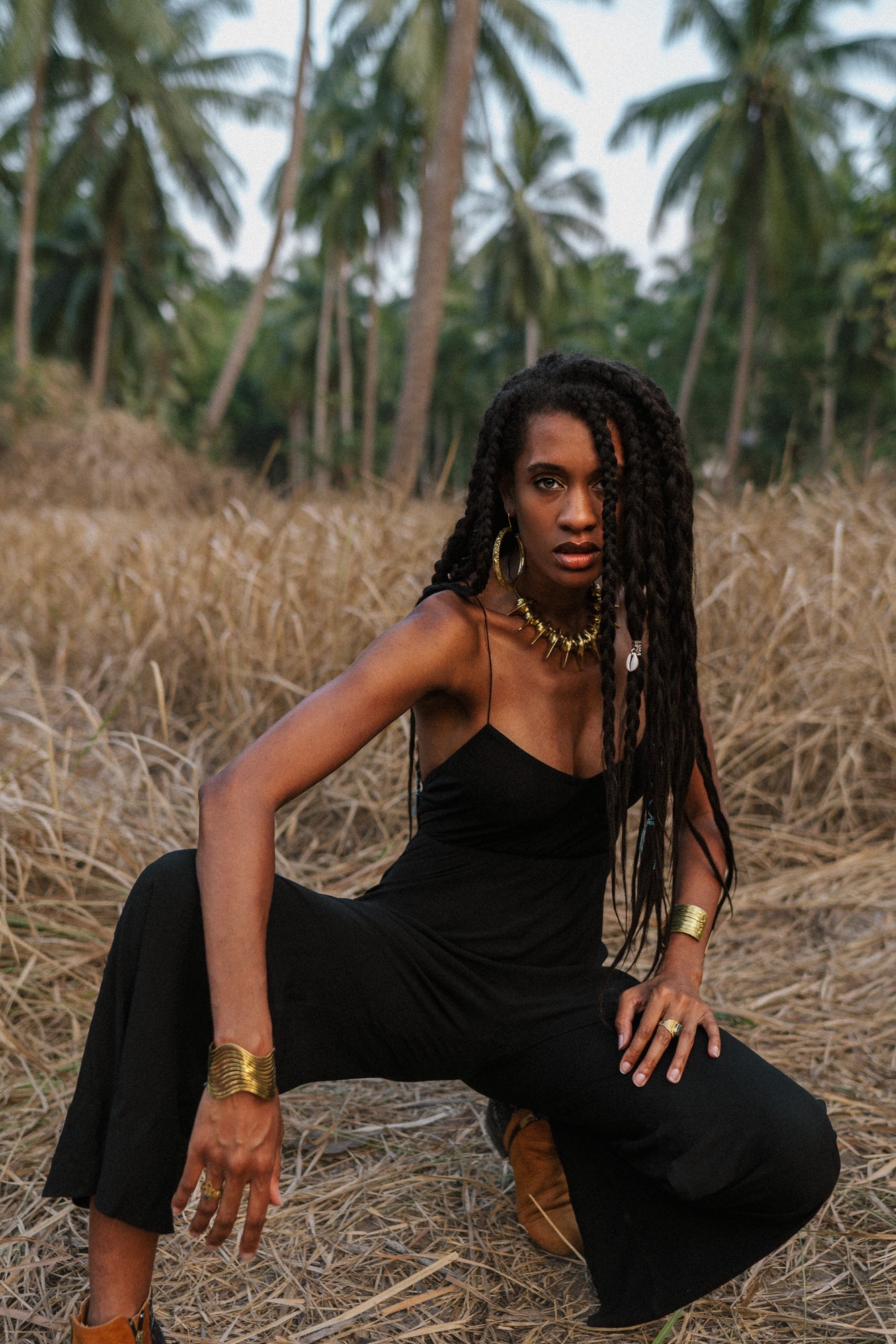 Women black jumpsuit with open back