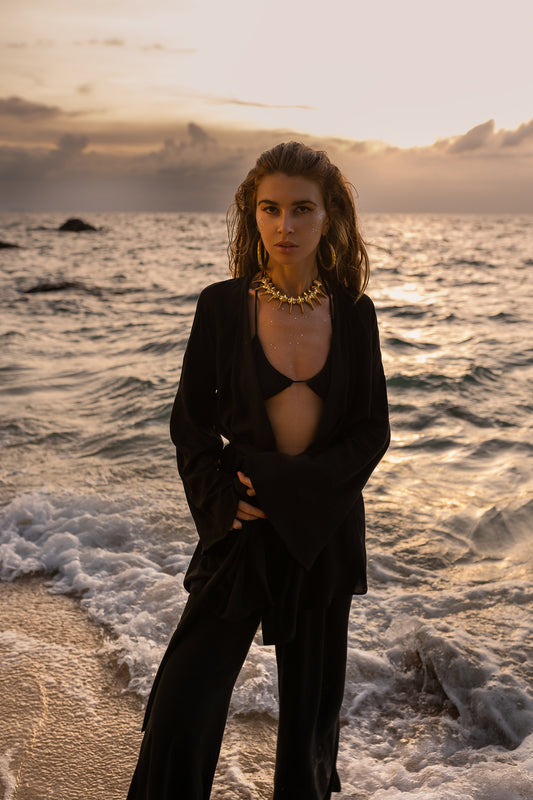 Women black kimono and pants elegant set