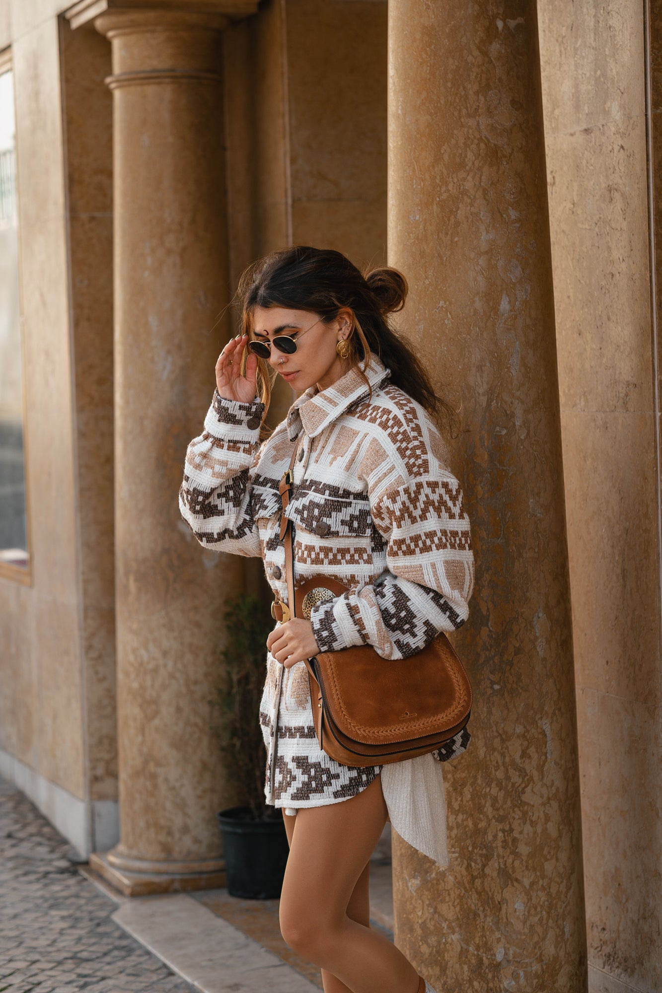 Unisex brown woollen coat with ethnic print