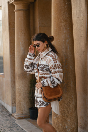 Unisex brown woollen coat with ethnic print