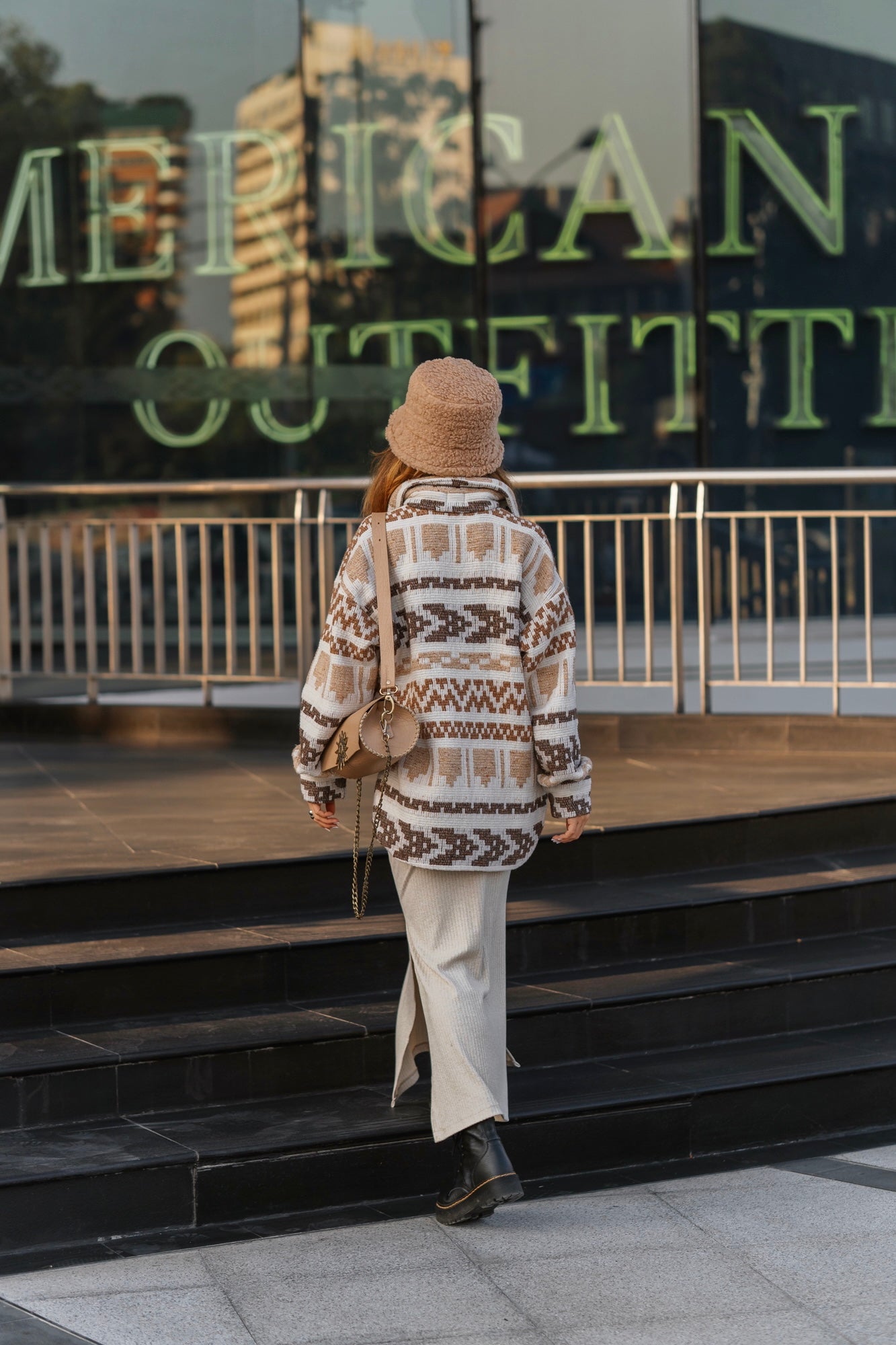 Unisex brown woollen coat with ethnic print
