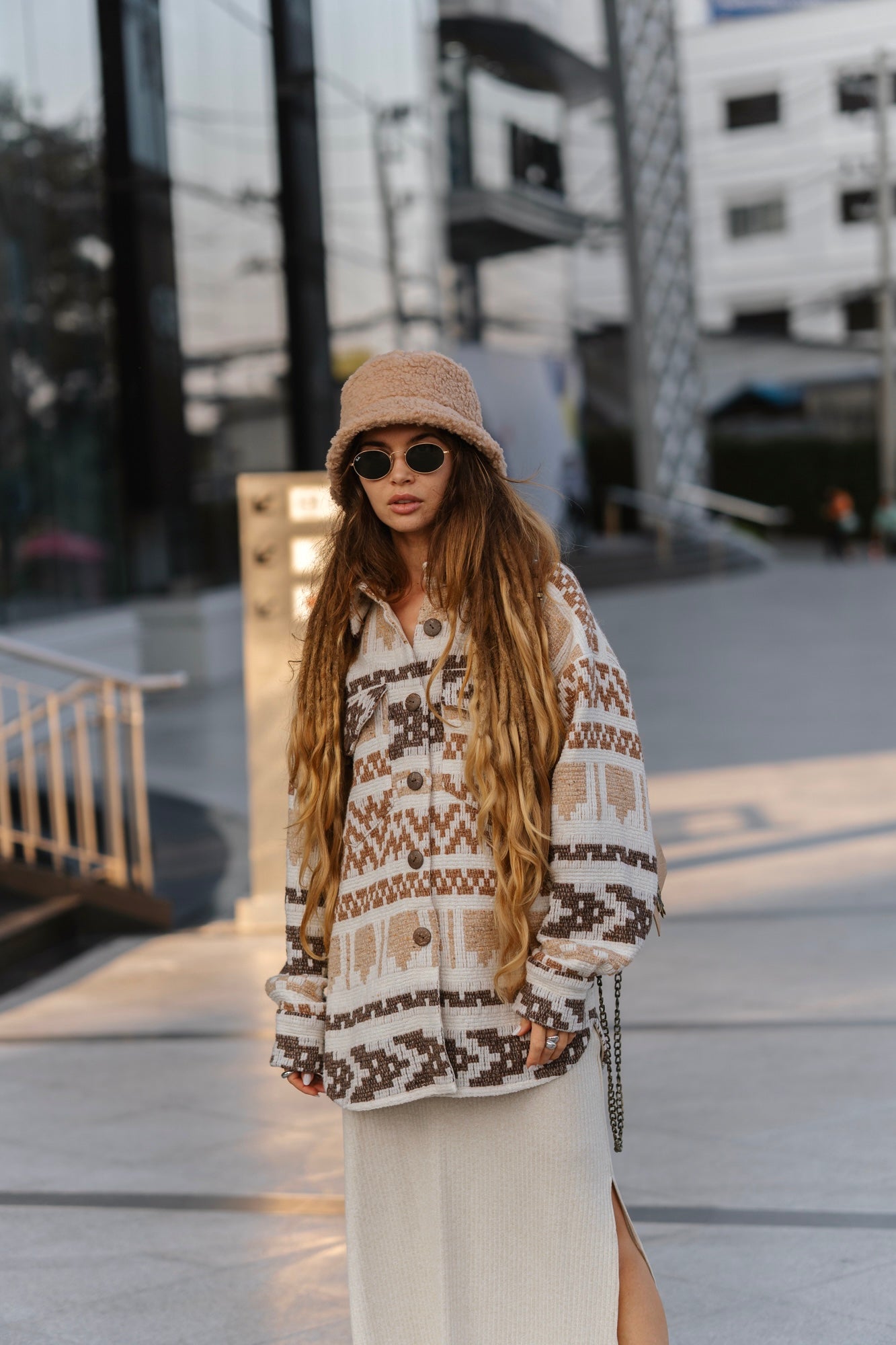 Unisex brown woollen coat with ethnic print