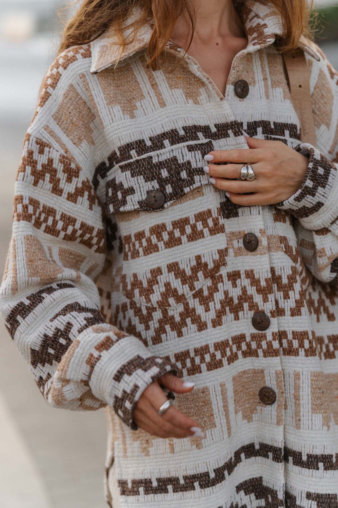 Unisex brown woollen coat with ethnic print