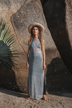 Women maxi silver net dress