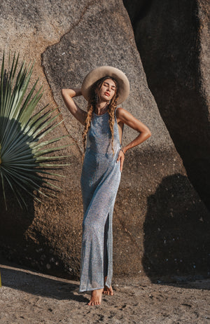 Women maxi silver net dress