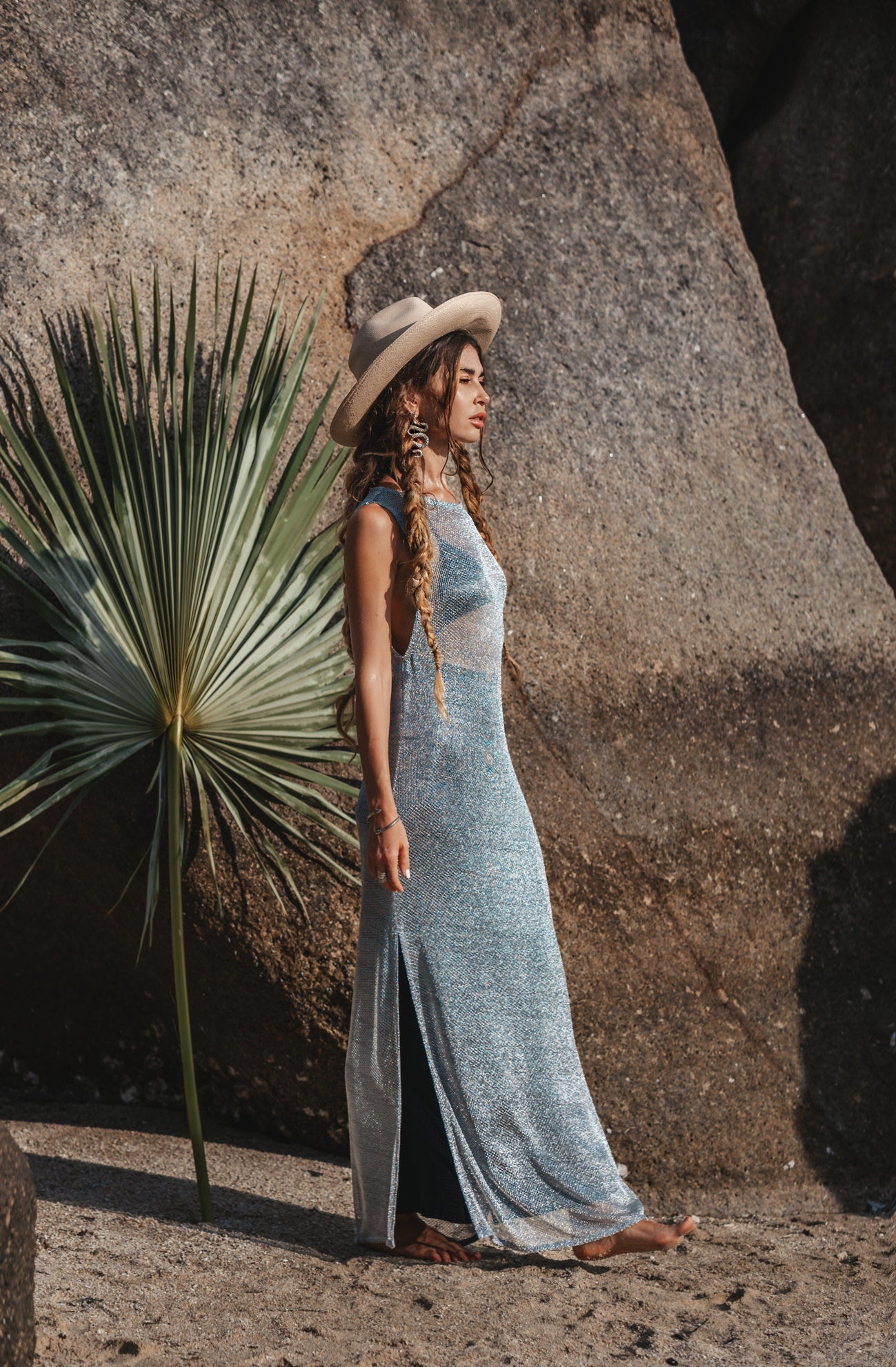 Women maxi silver net dress