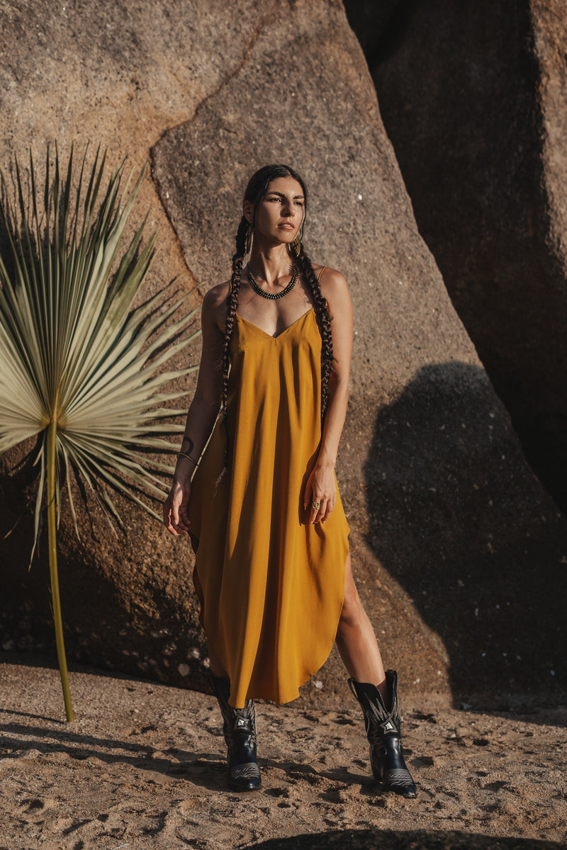 Women mustard midi slip dress