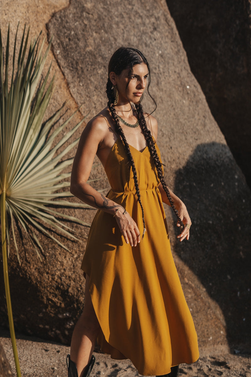 Women mustard midi slip dress