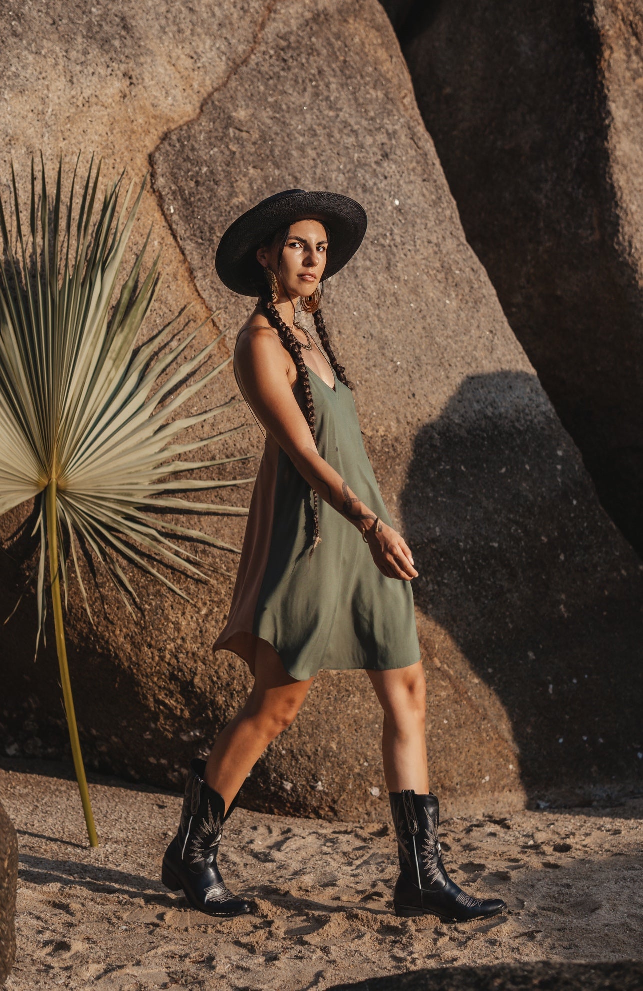 Two colours khaki/beige mini slip dress