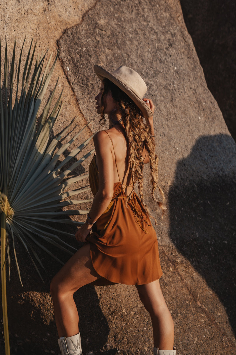 Two colours brown/mustard slip dress