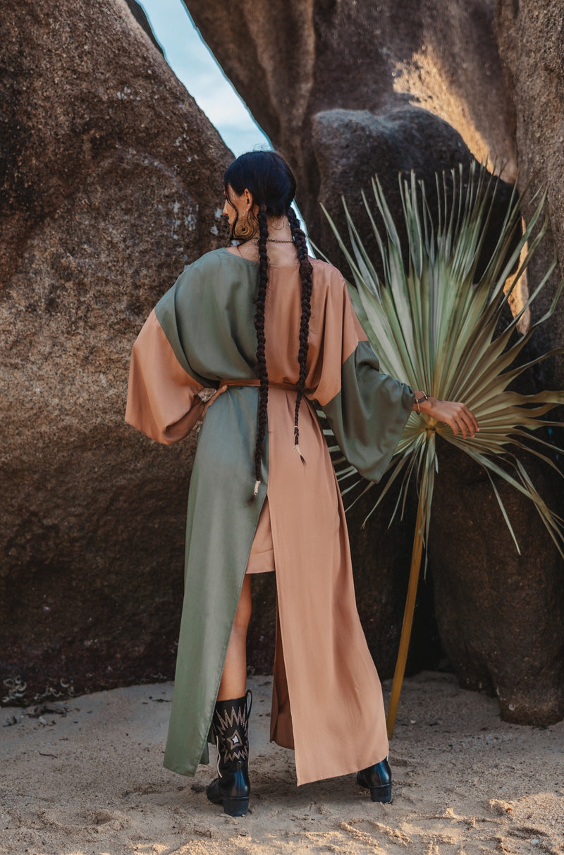 Women two colours beige/khaki maxi kimono