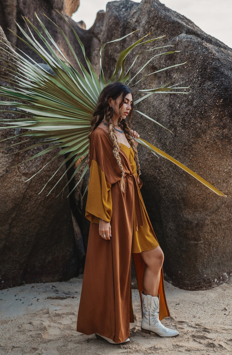 Women two colours brown/mustard maxi kimono