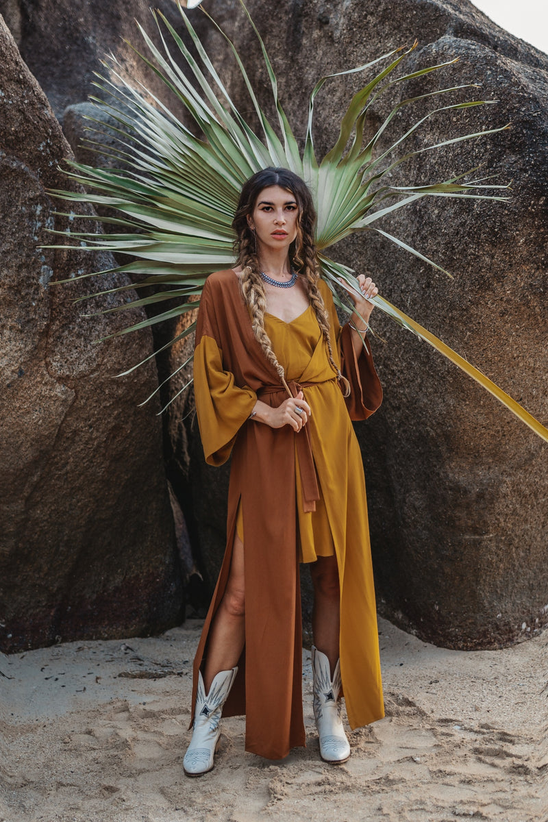 Women two colours brown/mustard maxi kimono