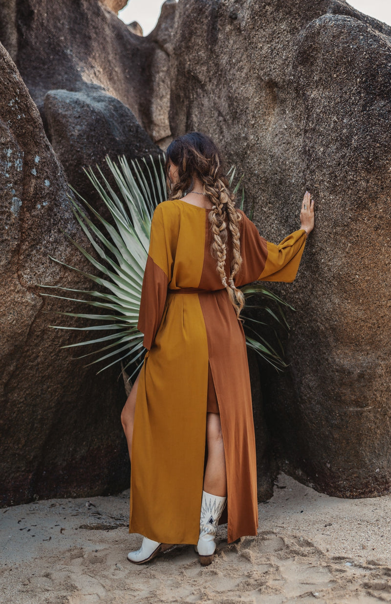 Women two colours brown/mustard maxi kimono