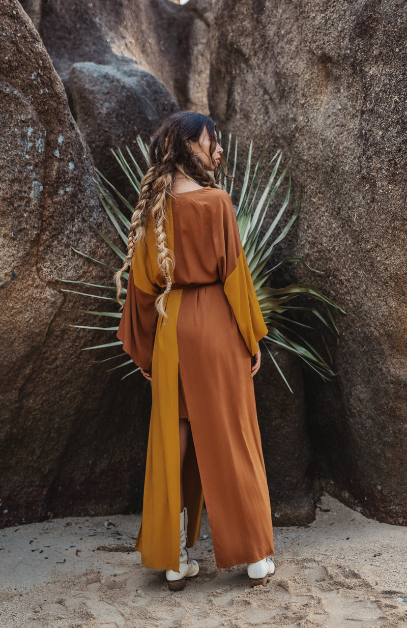 Women two colours brown/mustard maxi kimono