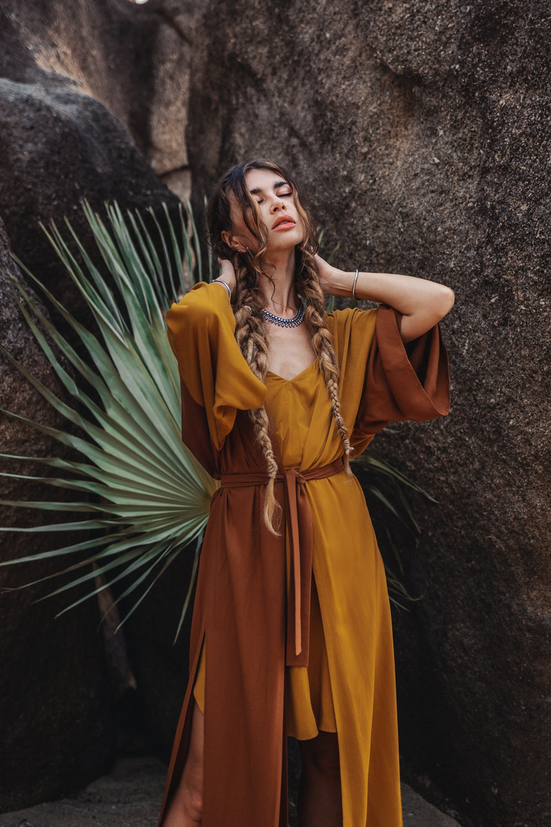 Women two colours brown/mustard maxi kimono