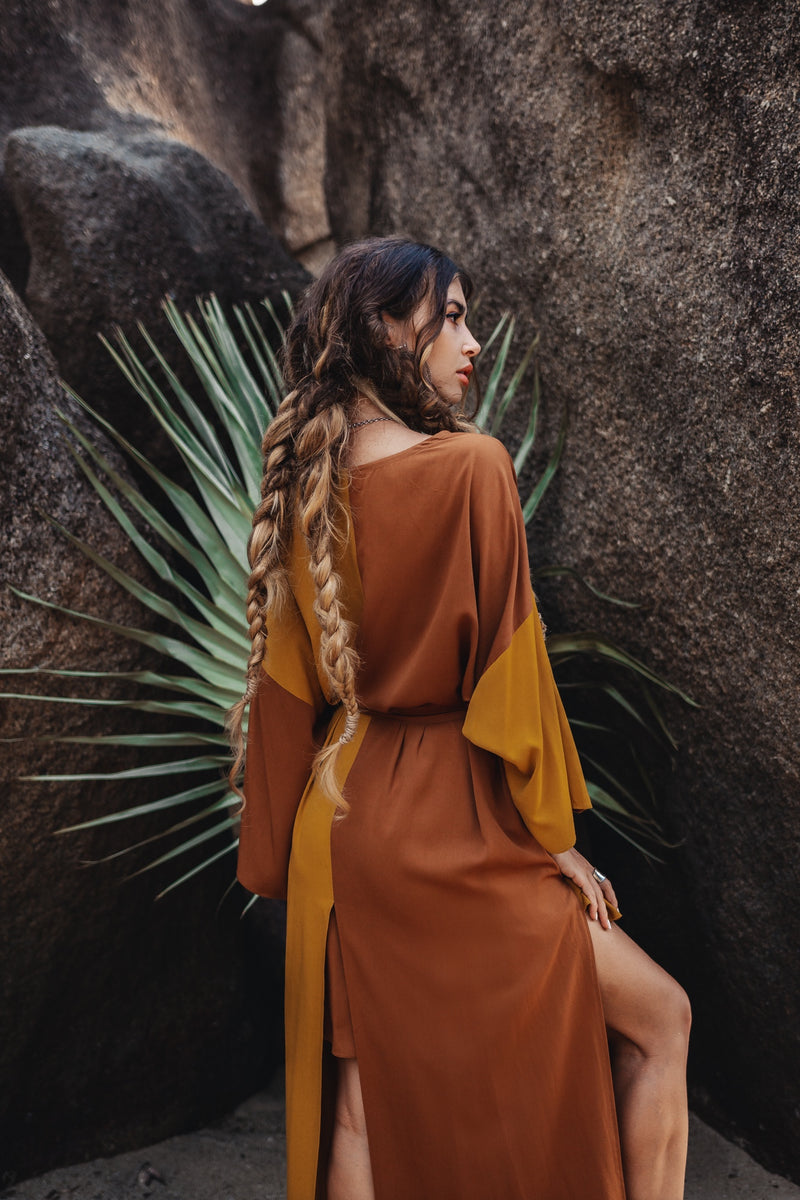 Women two colours brown/mustard maxi kimono