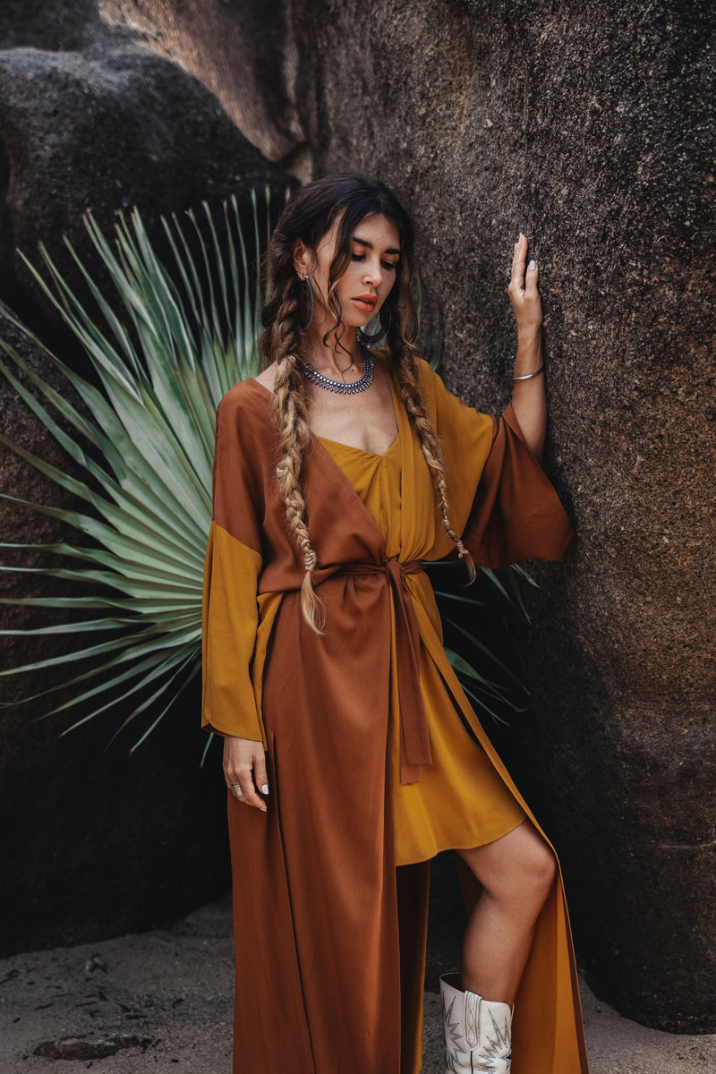 Women two colours brown/mustard maxi kimono