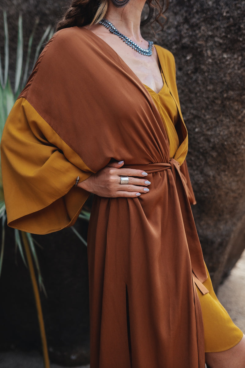 Women two colours brown/mustard maxi kimono