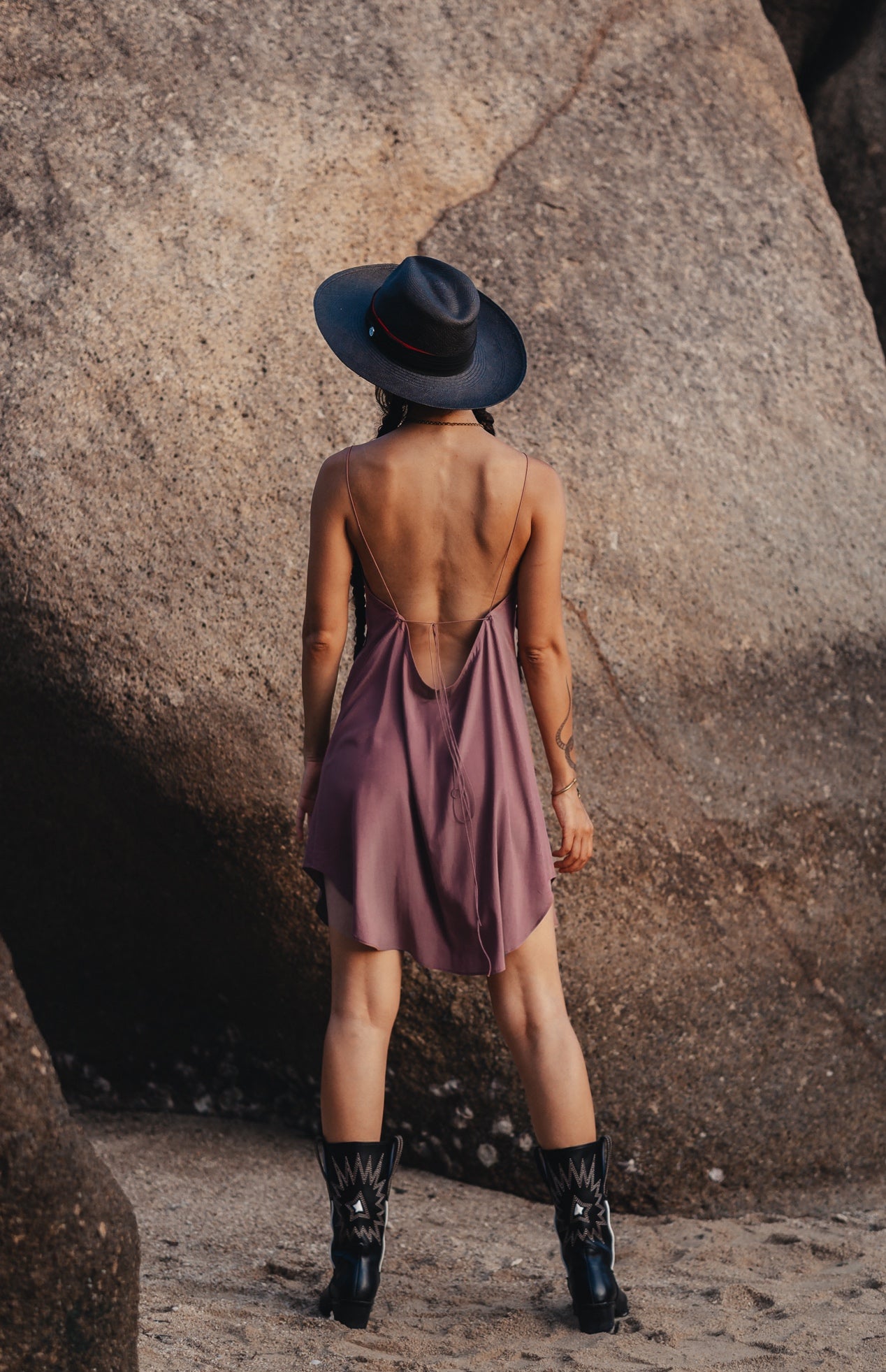 Purple mini slip dress with open back