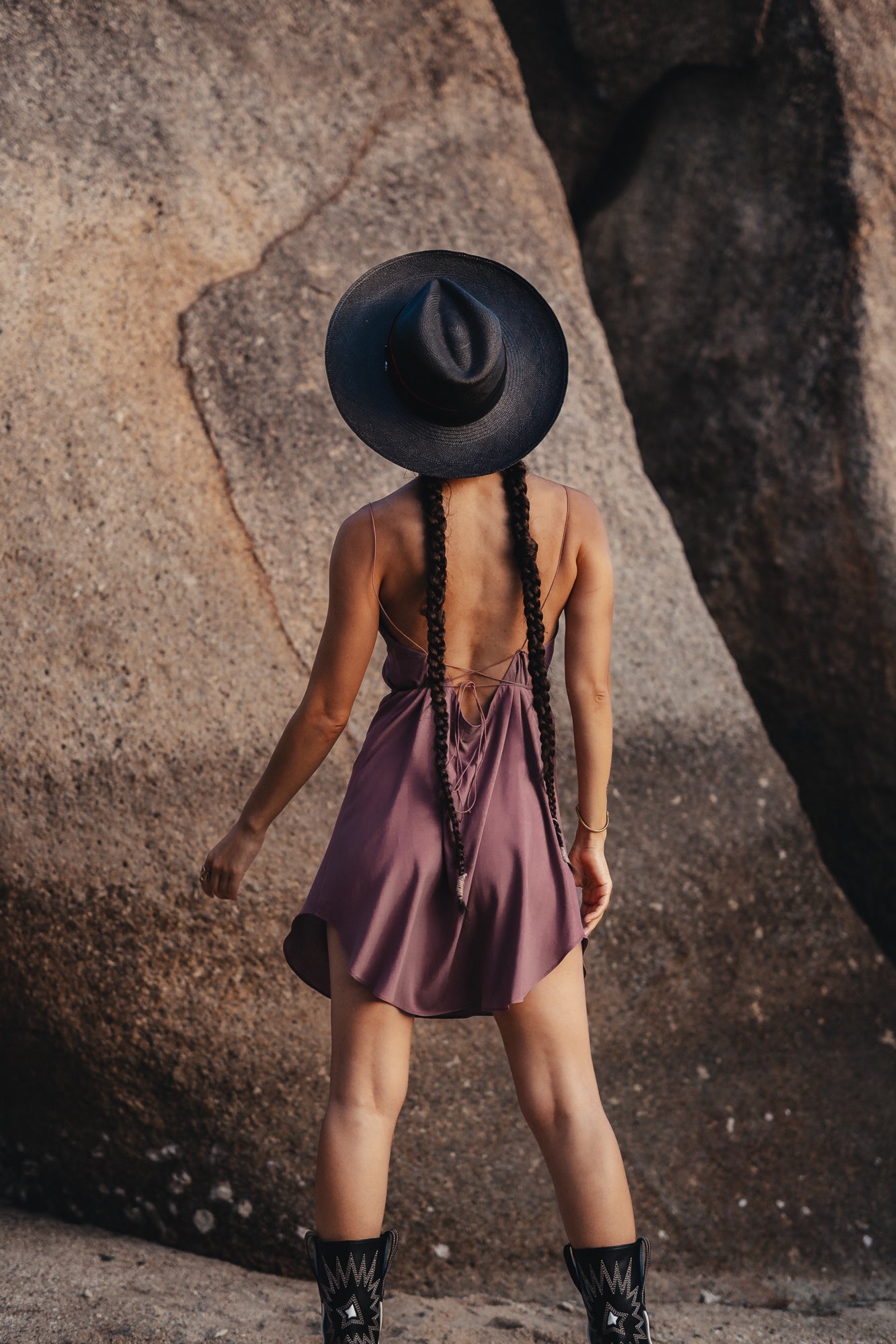 Purple mini slip dress with open back