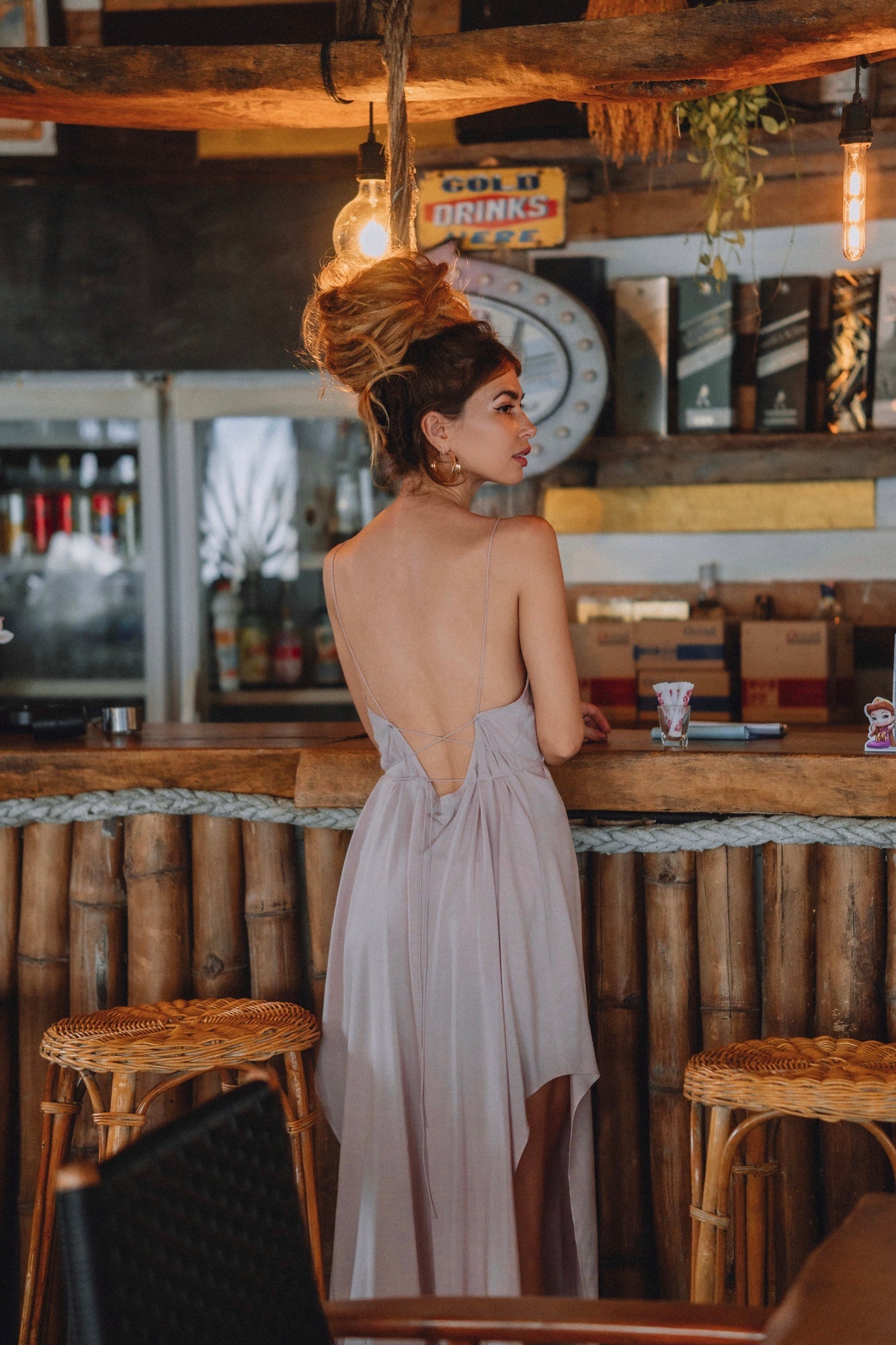 Women maxi nude slip dress with opened back