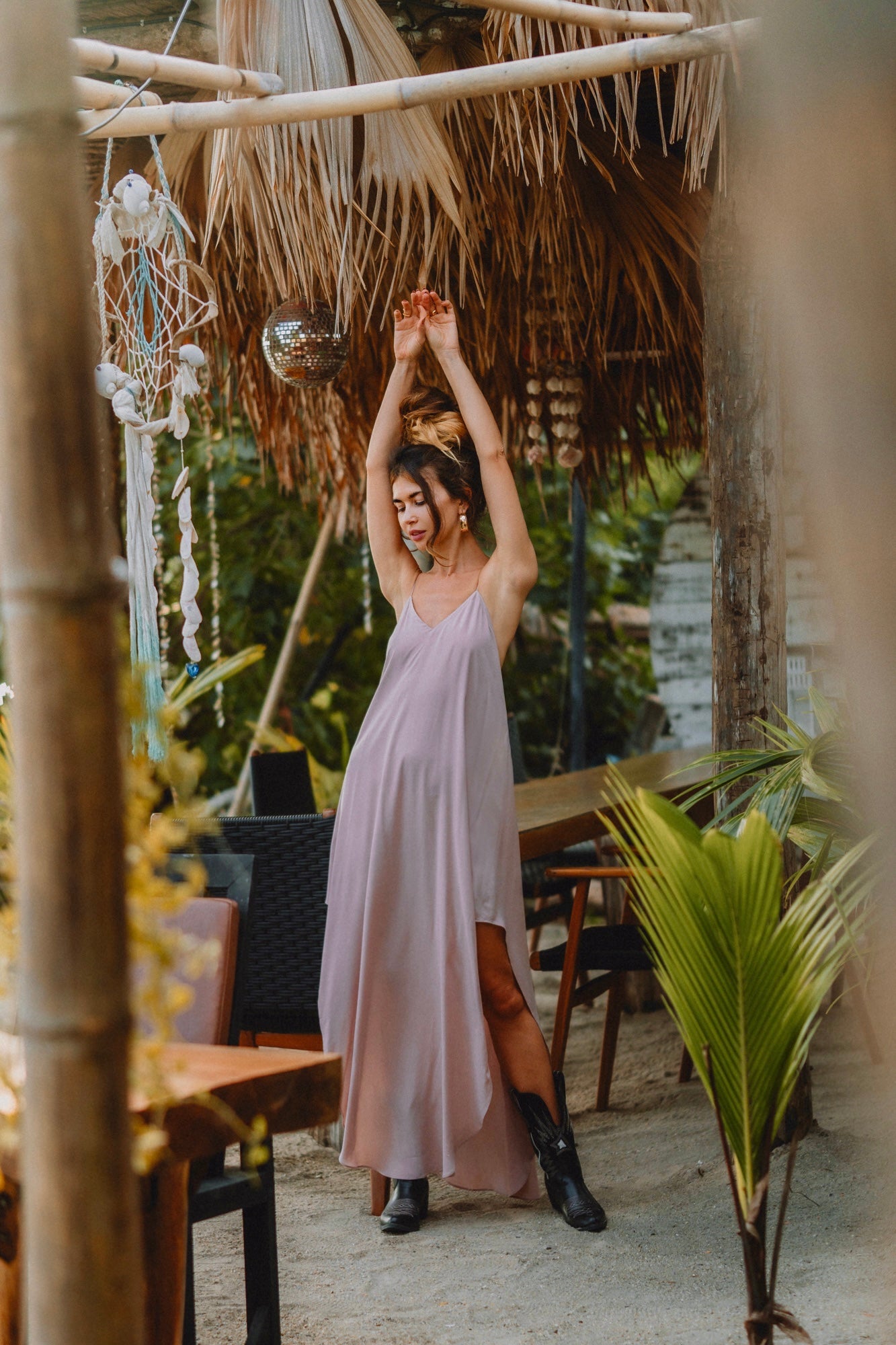 Women maxi nude slip dress with opened back