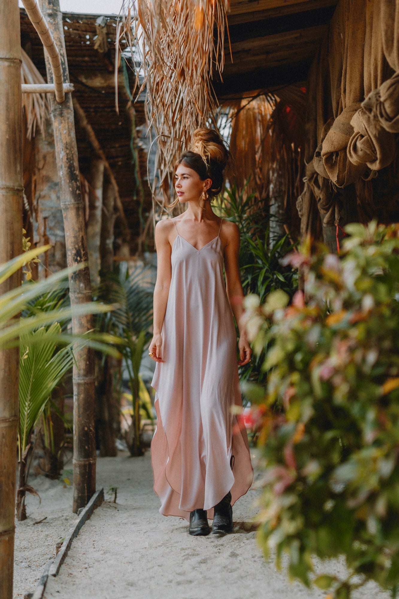 Women maxi nude slip dress with opened back