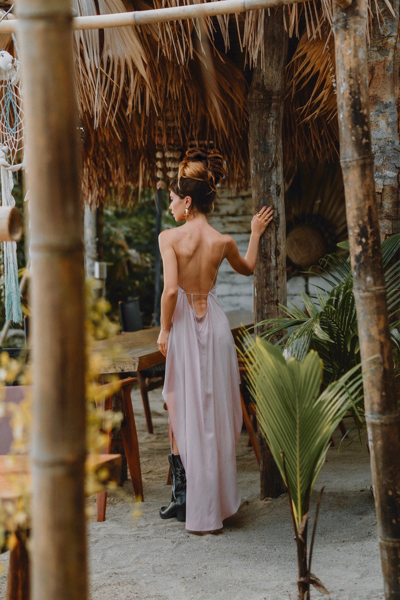 Women maxi nude slip dress with opened back