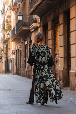 Women black/green maxi kimono