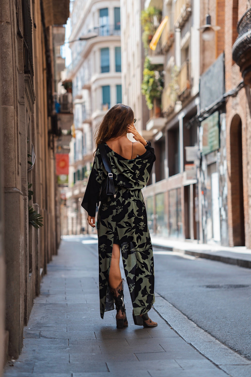 Women black/green maxi kimono