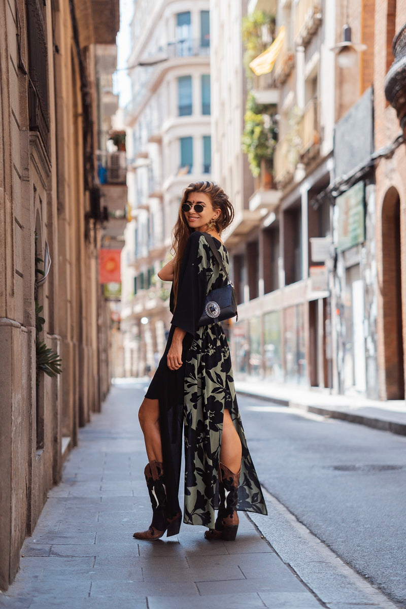 Women black/green maxi kimono