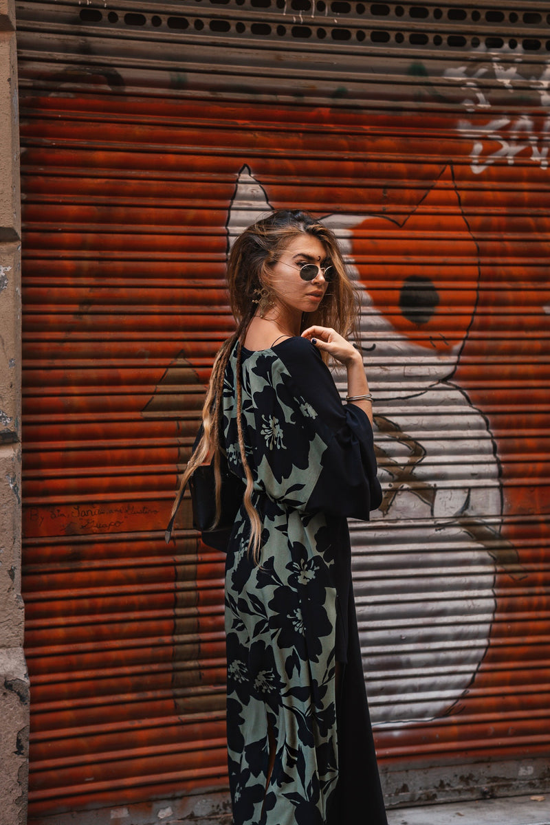 Women black/green maxi kimono