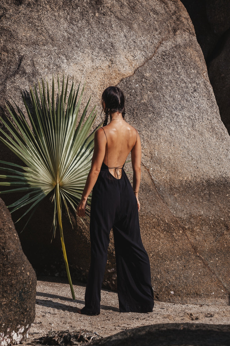 Reeva Tall Long Sleeve Open Back Jumpsuit in Black | Oh Polly