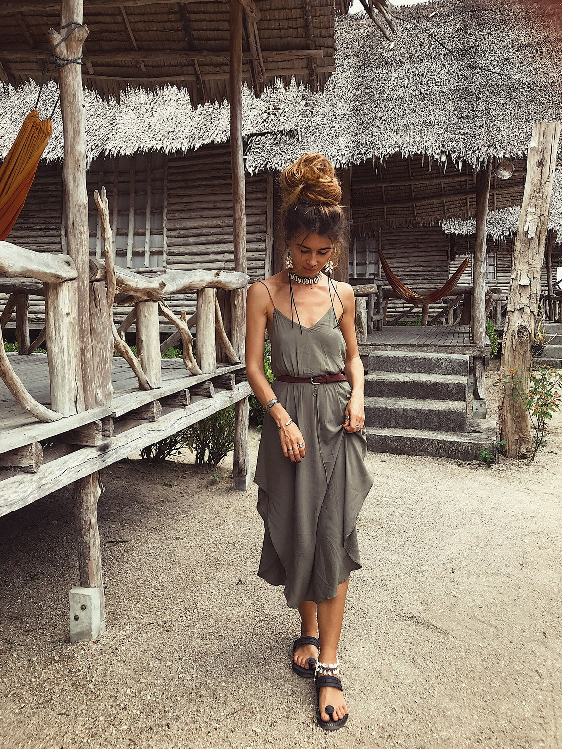 Women Slip Dress | Basic dress | Olive | Open back dress | Green dress | Party Dress | Mid-length | Knee length | Elegant | Cocktail Dress