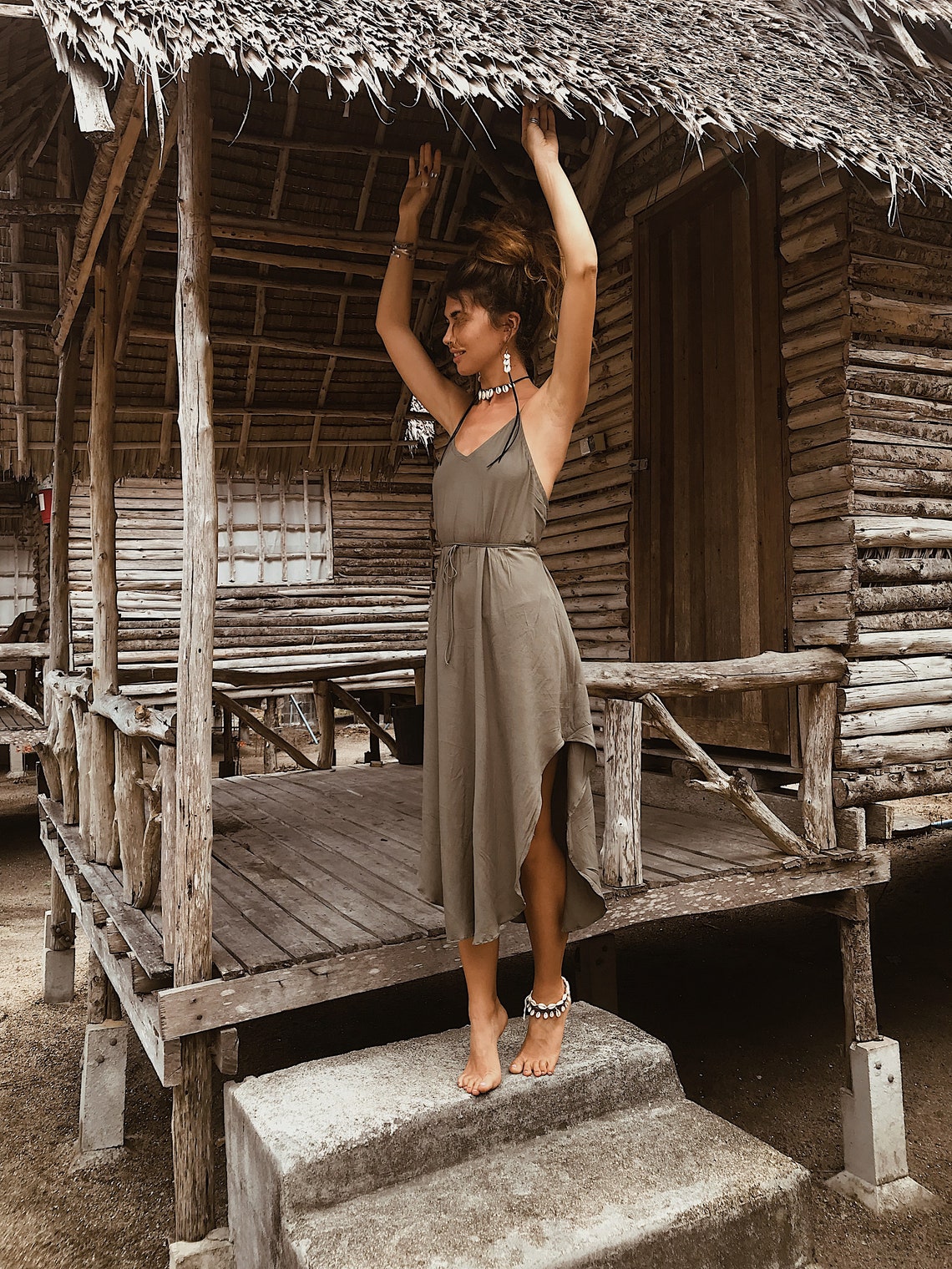 Women Slip Dress | Basic dress | Olive | Open back dress | Green dress | Party Dress | Mid-length | Knee length | Elegant | Cocktail Dress