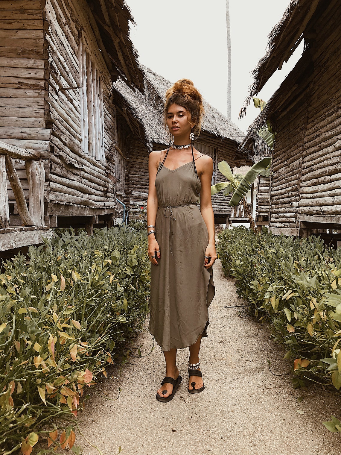 Women Slip Dress | Basic dress | Olive | Open back dress | Green dress | Party Dress | Mid-length | Knee length | Elegant | Cocktail Dress