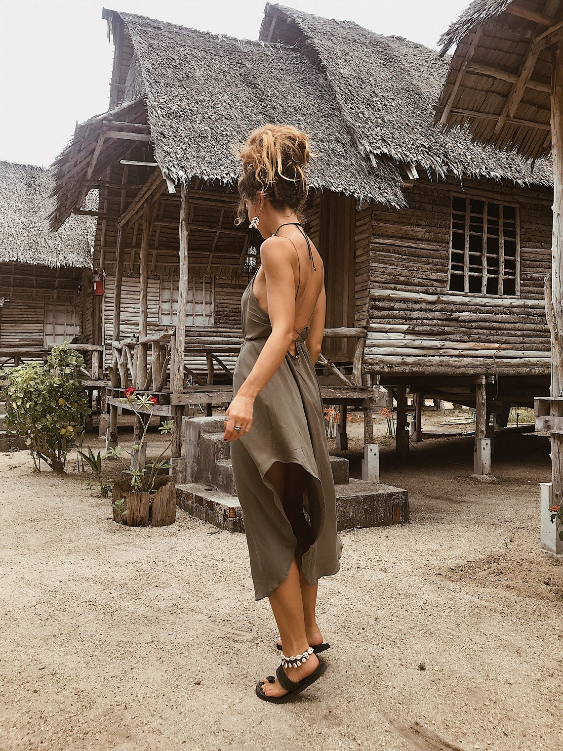 Women Slip Dress | Basic dress | Olive | Open back dress | Green dress | Party Dress | Mid-length | Knee length | Elegant | Cocktail Dress